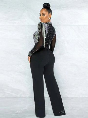 Women's Fashion Sheer Mesh Tassel Rhinestone Jumpsuit, Spring/Summer Party Wear