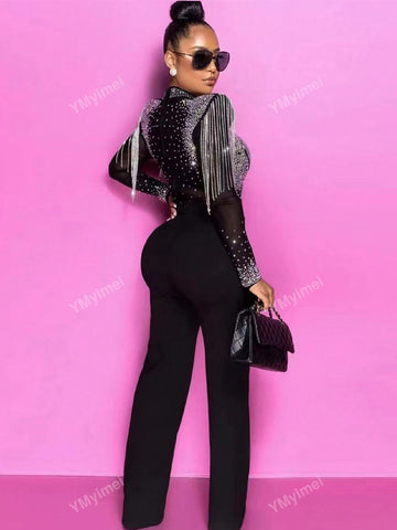 Women's Fashion Sheer Mesh Tassel Rhinestone Jumpsuit, Spring/Summer Party Wear