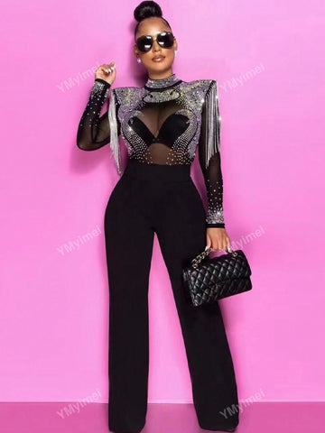 Women's Fashion Sheer Mesh Tassel Rhinestone Jumpsuit, Spring/Summer Party Wear