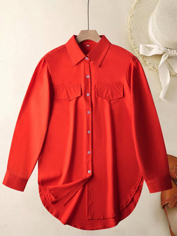 Women's Fashion Side Slit Hem Faux Pocket Casual Shirt