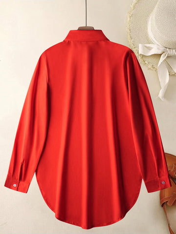 Women's Fashion Side Slit Hem Faux Pocket Casual Shirt