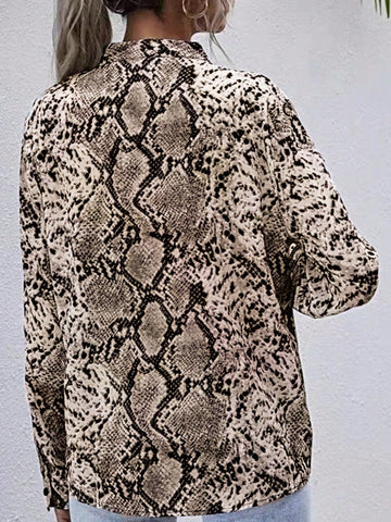 Women's Fashion Snake Skin Print Notch Neck Blouse, Autumn