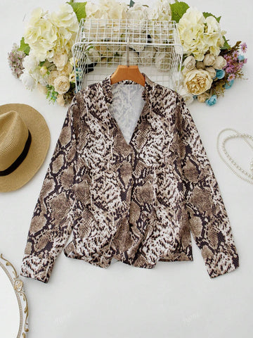 Women's Fashion Snake Skin Print Notch Neck Blouse, Autumn