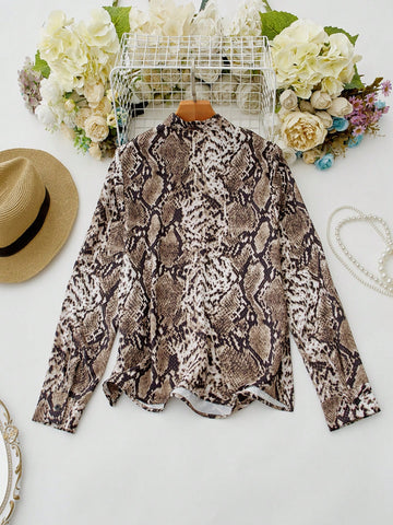 Women's Fashion Snake Skin Print Notch Neck Blouse, Autumn
