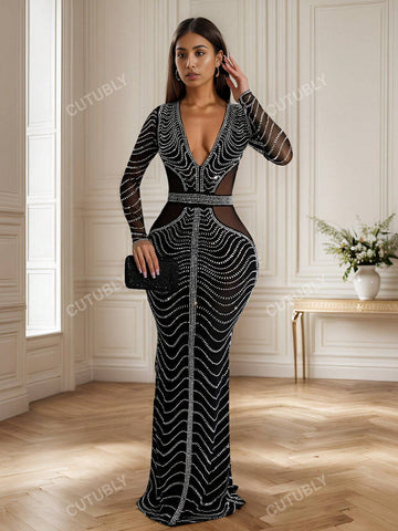 Women's Fashion Solid Color Mesh Rhinestone Embellished Dress