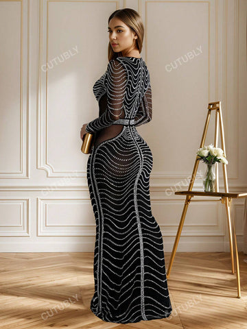Women's Fashion Solid Color Mesh Rhinestone Embellished Dress