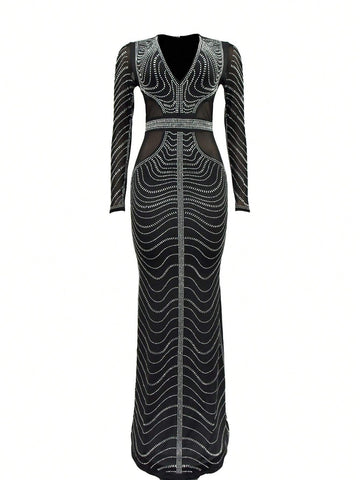 Women's Fashion Solid Color Mesh Rhinestone Embellished Dress