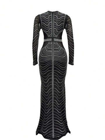 Women's Fashion Solid Color Mesh Rhinestone Embellished Dress