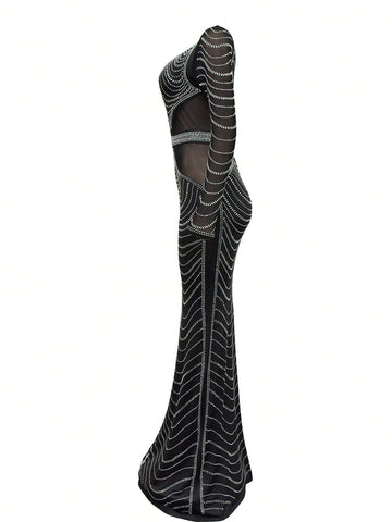 Women's Fashion Solid Color Mesh Rhinestone Embellished Dress