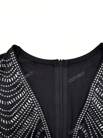 Women's Fashion Solid Color Mesh Rhinestone Embellished Dress