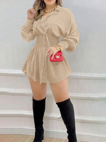 Women's Fashion Solid Color Ruched Waist Long Sleeve Shirt Dress, Commuting Suitable