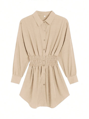 Women's Fashion Solid Color Ruched Waist Long Sleeve Shirt Dress, Commuting Suitable