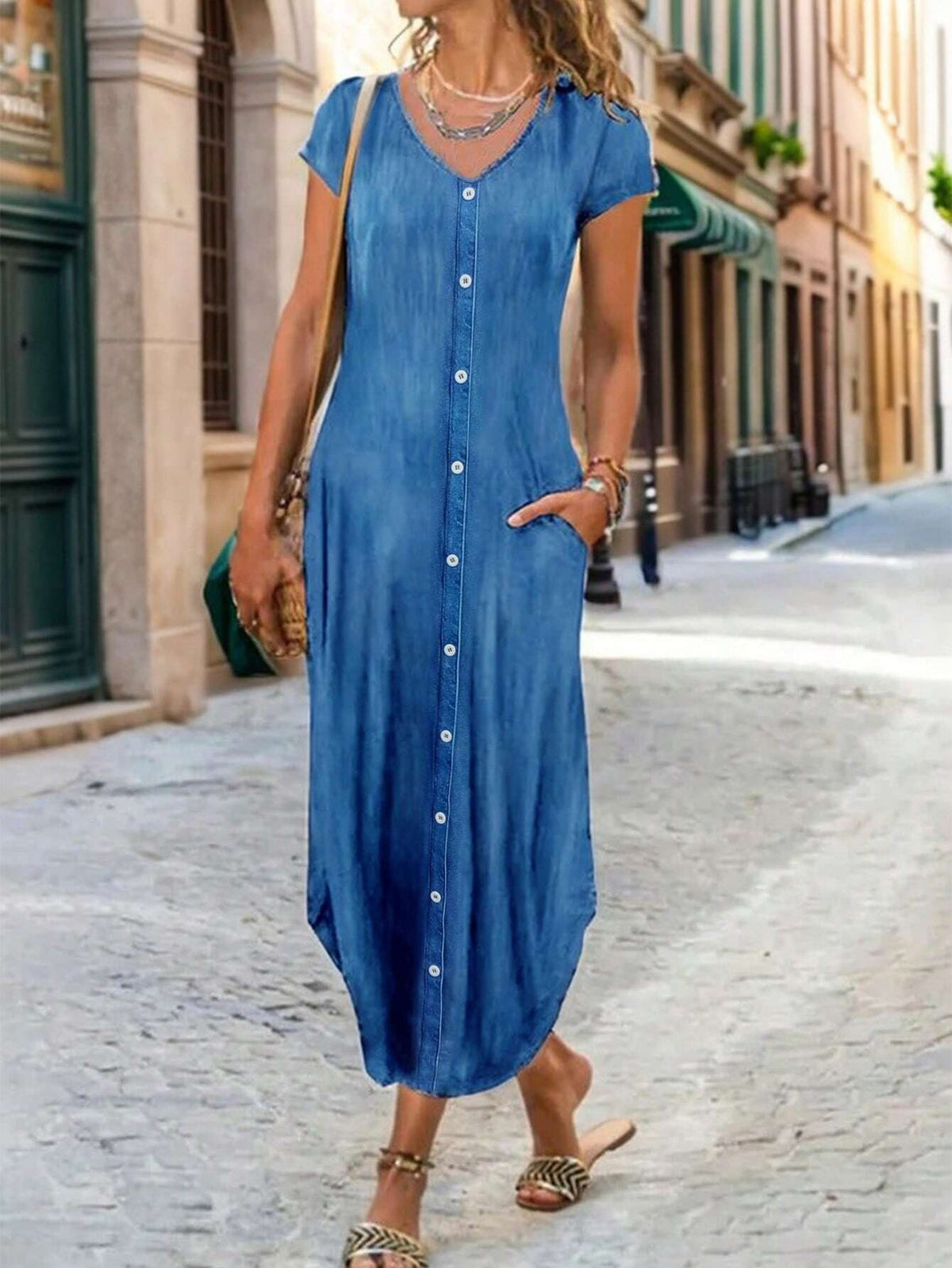 Women's Fashion Solid Color Short Sleeve Buttoned Dress With Random Print
