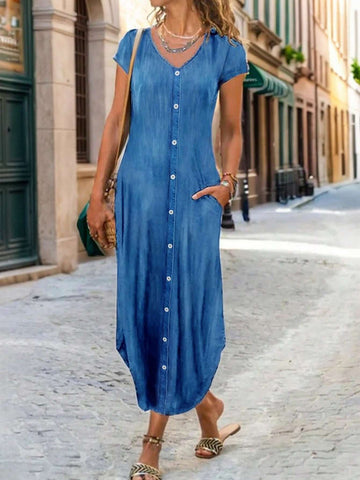 Women's Fashion Solid Color Short Sleeve Buttoned Dress With Random Print