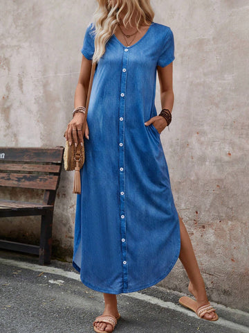 Women's Fashion Solid Color Short Sleeve Buttoned Dress With Random Print