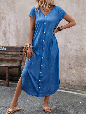 Women's Fashion Solid Color Short Sleeve Buttoned Dress With Random Print