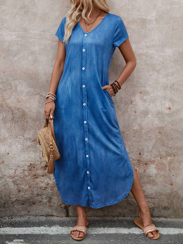 Women's Fashion Solid Color Short Sleeve Buttoned Dress With Random Print