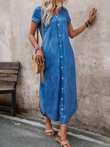 Women's Fashion Solid Color Short Sleeve Buttoned Dress With Random Print