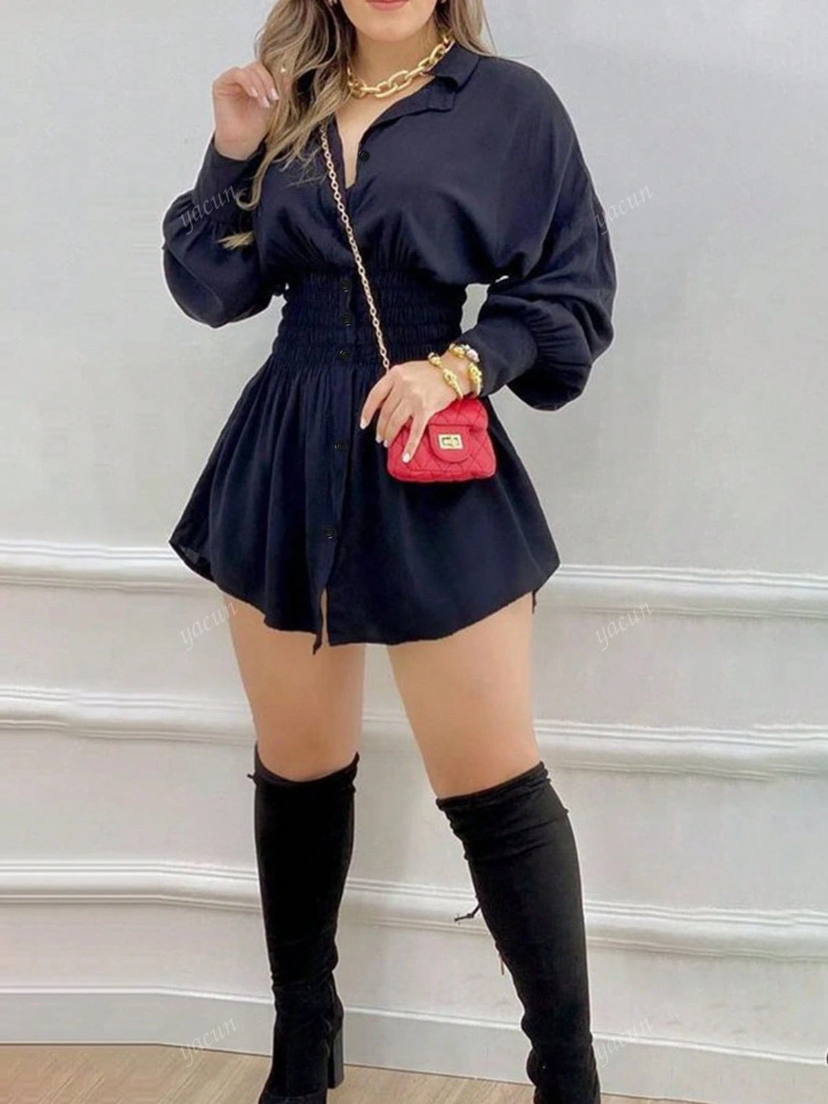 Women's Fashion Solid Color Waist Pleated Long Sleeve Shirt Dress