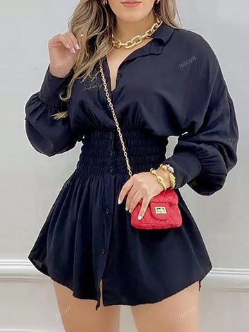 Women's Fashion Solid Color Waist Pleated Long Sleeve Shirt Dress