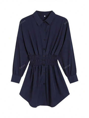Women's Fashion Solid Color Waist Pleated Long Sleeve Shirt Dress