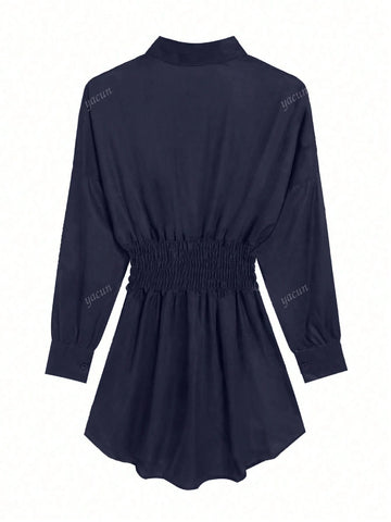 Women's Fashion Solid Color Waist Pleated Long Sleeve Shirt Dress