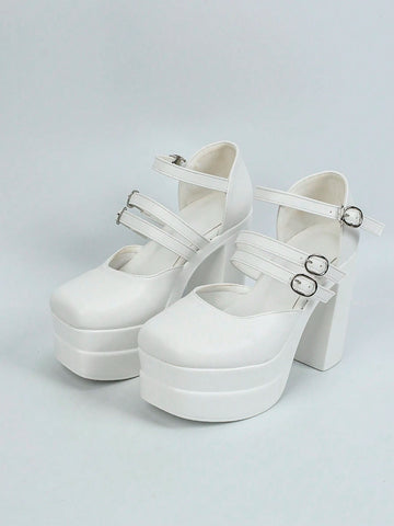 Women's Fashion Solid Color Waterproof Platform Thick-Soled High Heel Pumps