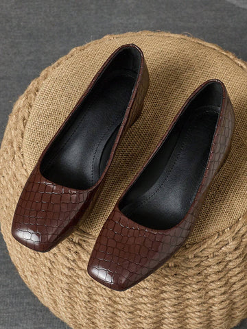 Women's Fashion Square Toe Low Vamp Stone Textured Pumps, Comfortable