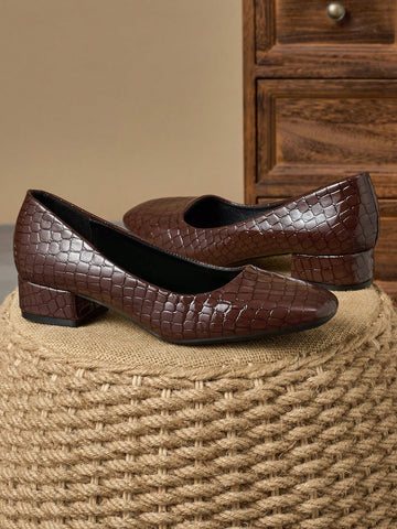 Women's Fashion Square Toe Low Vamp Stone Textured Pumps, Comfortable