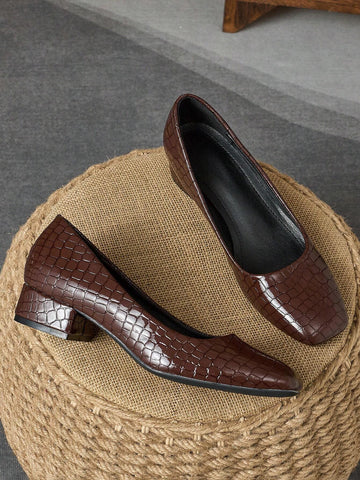 Women's Fashion Square Toe Low Vamp Stone Textured Pumps, Comfortable