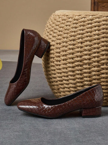 Women's Fashion Square Toe Low Vamp Stone Textured Pumps, Comfortable