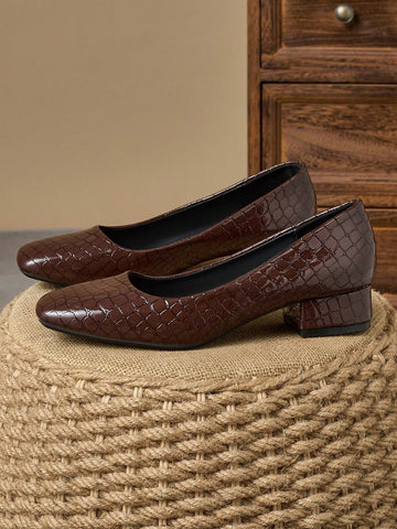 Women's Fashion Square Toe Low Vamp Stone Textured Pumps, Comfortable