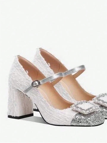 Women's Fashion Square Toe Thick Heel Splice Buckle Strap High Heels