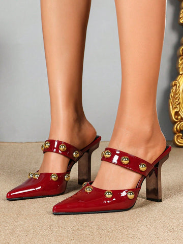 Women's Fashion T-Strap Sandals With Stiletto Heels, Metal Decor Closed Toe Slip-On Party Heels