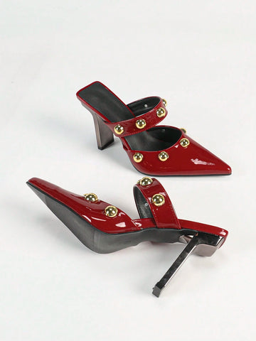 Women's Fashion T-Strap Sandals With Stiletto Heels, Metal Decor Closed Toe Slip-On Party Heels