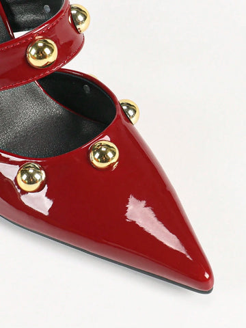 Women's Fashion T-Strap Sandals With Stiletto Heels, Metal Decor Closed Toe Slip-On Party Heels