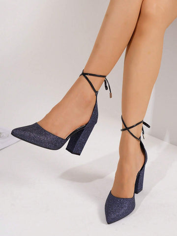 Women's Fashion Thick Heel Shoes, Elegant Pointed Toe Formal High Heels, Women's Fashionable Lace-Up