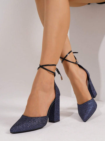 Women's Fashion Thick Heel Shoes, Elegant Pointed Toe Formal High Heels, Women's Fashionable Lace-Up