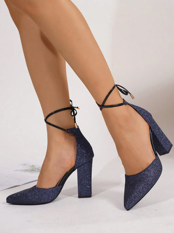 Women's Fashion Thick Heel Shoes, Elegant Pointed Toe Formal High Heels, Women's Fashionable Lace-Up