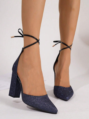 Women's Fashion Thick Heel Shoes, Elegant Pointed Toe Formal High Heels, Women's Fashionable Lace-Up