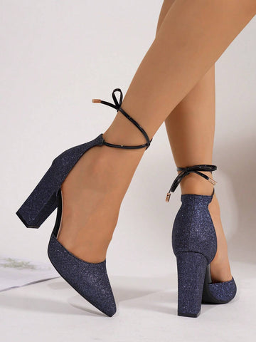 Women's Fashion Thick Heel Shoes, Elegant Pointed Toe Formal High Heels, Women's Fashionable Lace-Up