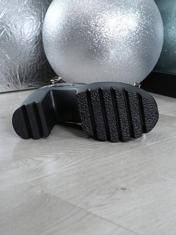 Women's Fashion Versatile Bow Tie High Heels Sexy Round Toe Waterproof Platform Chunky Heels Party Shiny Black Shoes