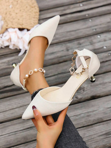 Women's Fashionable 2025 New Outdoor Elegant Casual Pointed Toe Hollow-Out Back Strap Chain Pearl Design