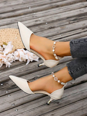 Women's Fashionable 2025 New Outdoor Elegant Casual Pointed Toe Hollow-Out Back Strap Chain Pearl Design