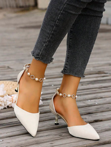 Women's Fashionable 2025 New Outdoor Elegant Casual Pointed Toe Hollow-Out Back Strap Chain Pearl Design