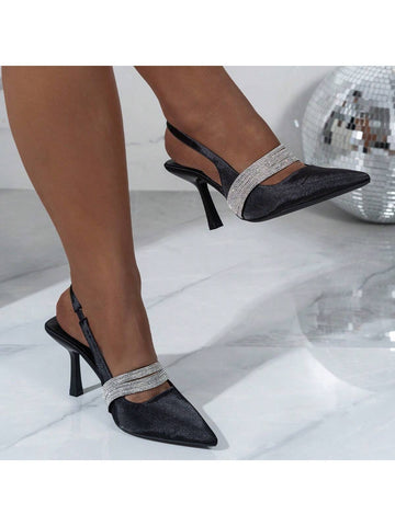 Women's Fashionable And Elegant Black Pointed-Toe High Heel Satin Pumps With Rhinestone Strap