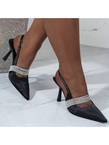 Women's Fashionable And Elegant Black Pointed-Toe High Heel Satin Pumps With Rhinestone Strap