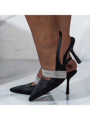 Women's Fashionable And Elegant Black Pointed-Toe High Heel Satin Pumps With Rhinestone Strap