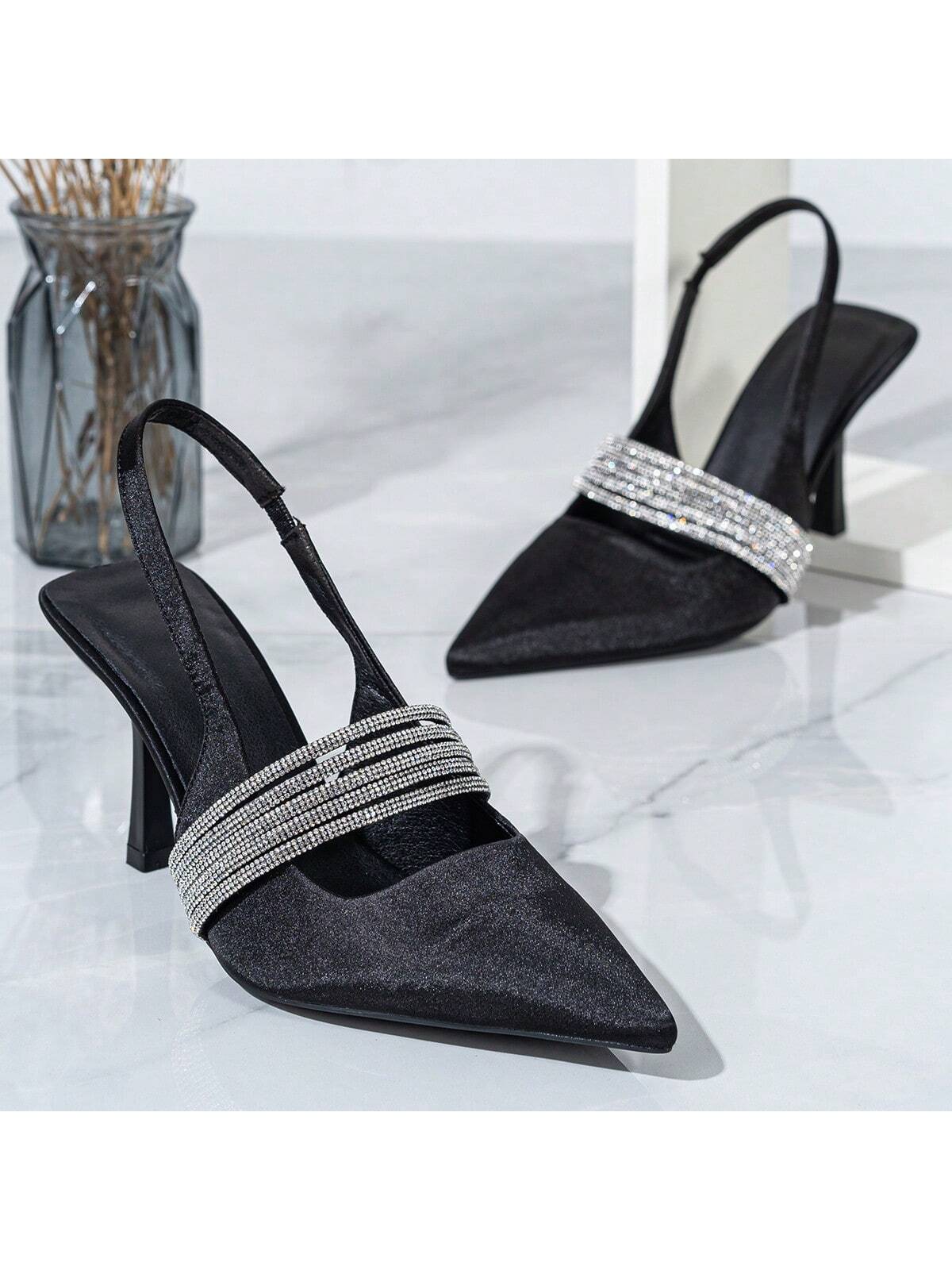 Women's Fashionable And Elegant Black Pointed-Toe High Heel Satin Pumps With Rhinestone Strap