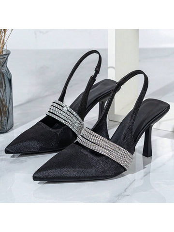 Women's Fashionable And Elegant Black Pointed-Toe High Heel Satin Pumps With Rhinestone Strap